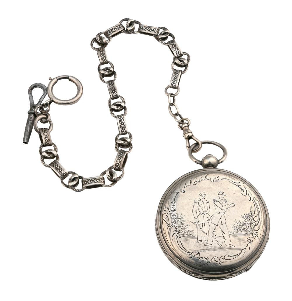 Appraisal: CIVIL WAR-PERIOD POCKET WATCH AND CHAIN DIAMETER CIVIL WAR-PERIOD POCKET