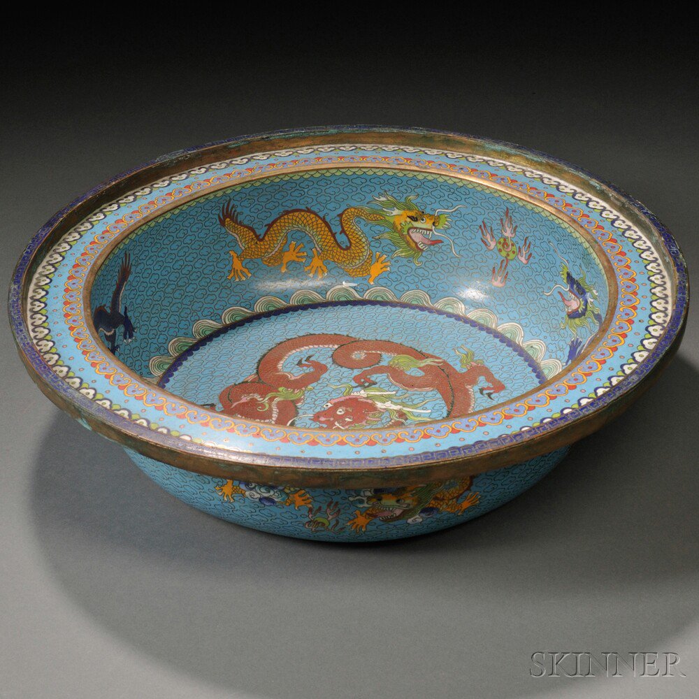 Appraisal: Cloisonne Basin with Dragons China th century with straight sides