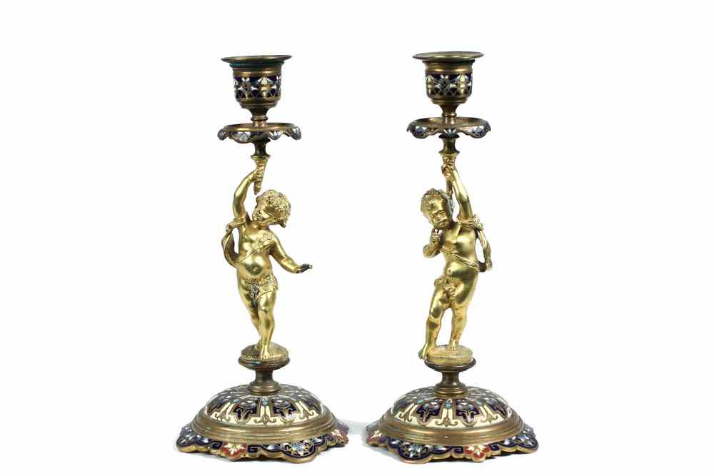 Appraisal: PAIR FIGURAL CANDLESTICKS - Pair French Gilt Bronze and Cloisonne