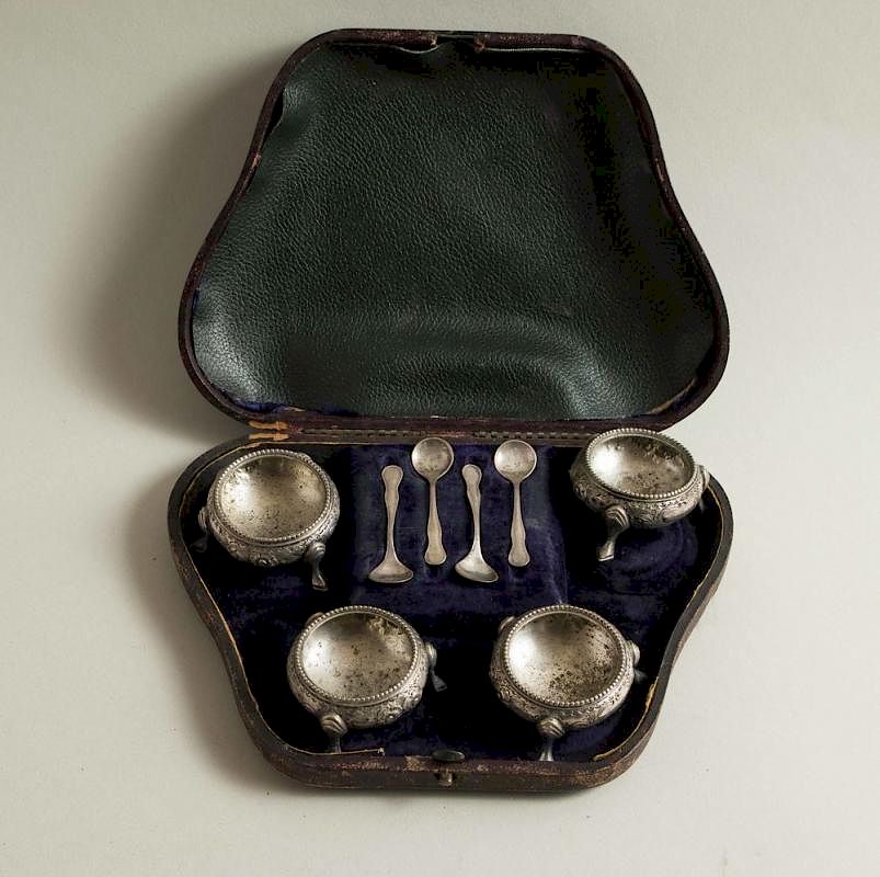 Appraisal: Cased Silver Salts Spoons Cased set of four silver monogrammed