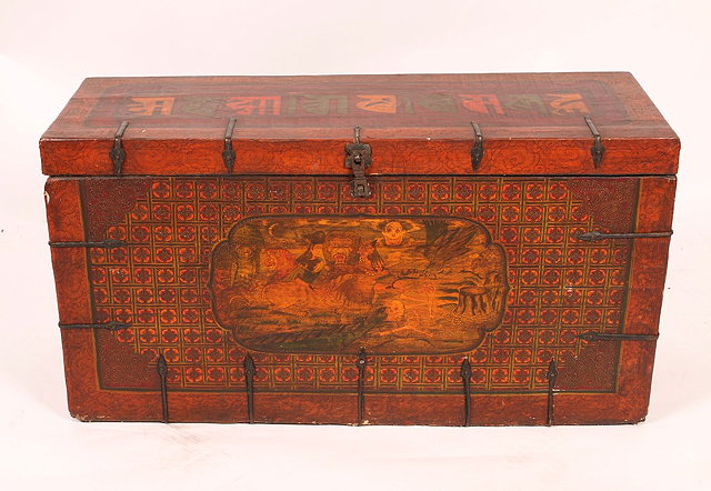 Appraisal: A TIBETAN PAINTED CHEST with hinged rising lid and all