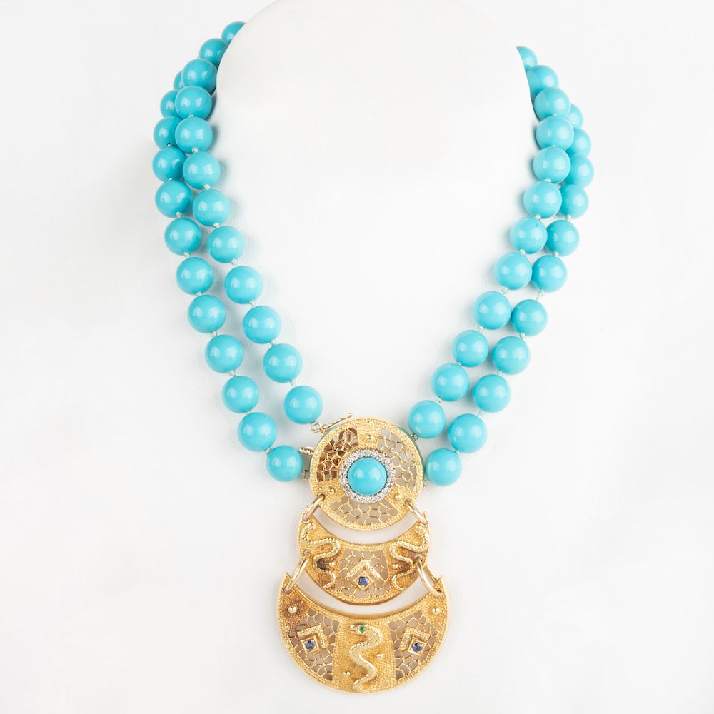 Appraisal: k Gold and Simulated Turquoise Bead Necklace k Gold and