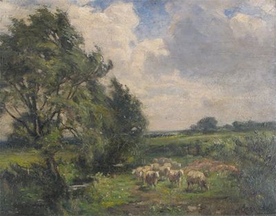 Appraisal: Walter Greaves - Sheep by a stream in a meadow