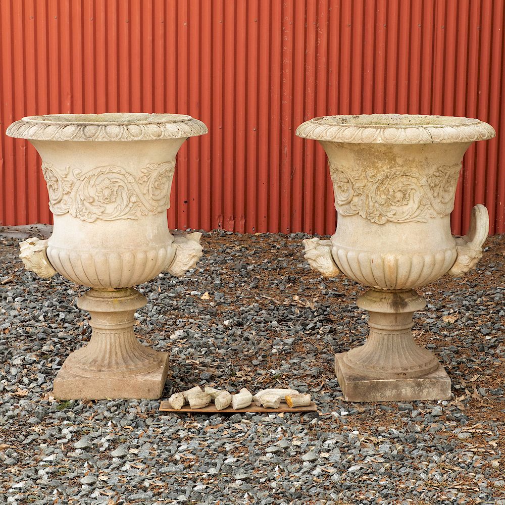 Appraisal: Pair of Cast Stone Campana Form Urns x in diam