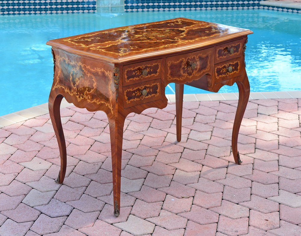 Appraisal: FRENCH FLORAL MARQUETRY INLAID DESK Burl and floral inlay all