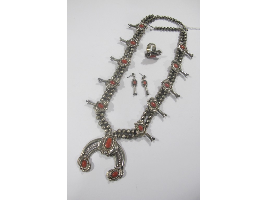 Appraisal: American Indian silver and coral necklace ring and earrings with