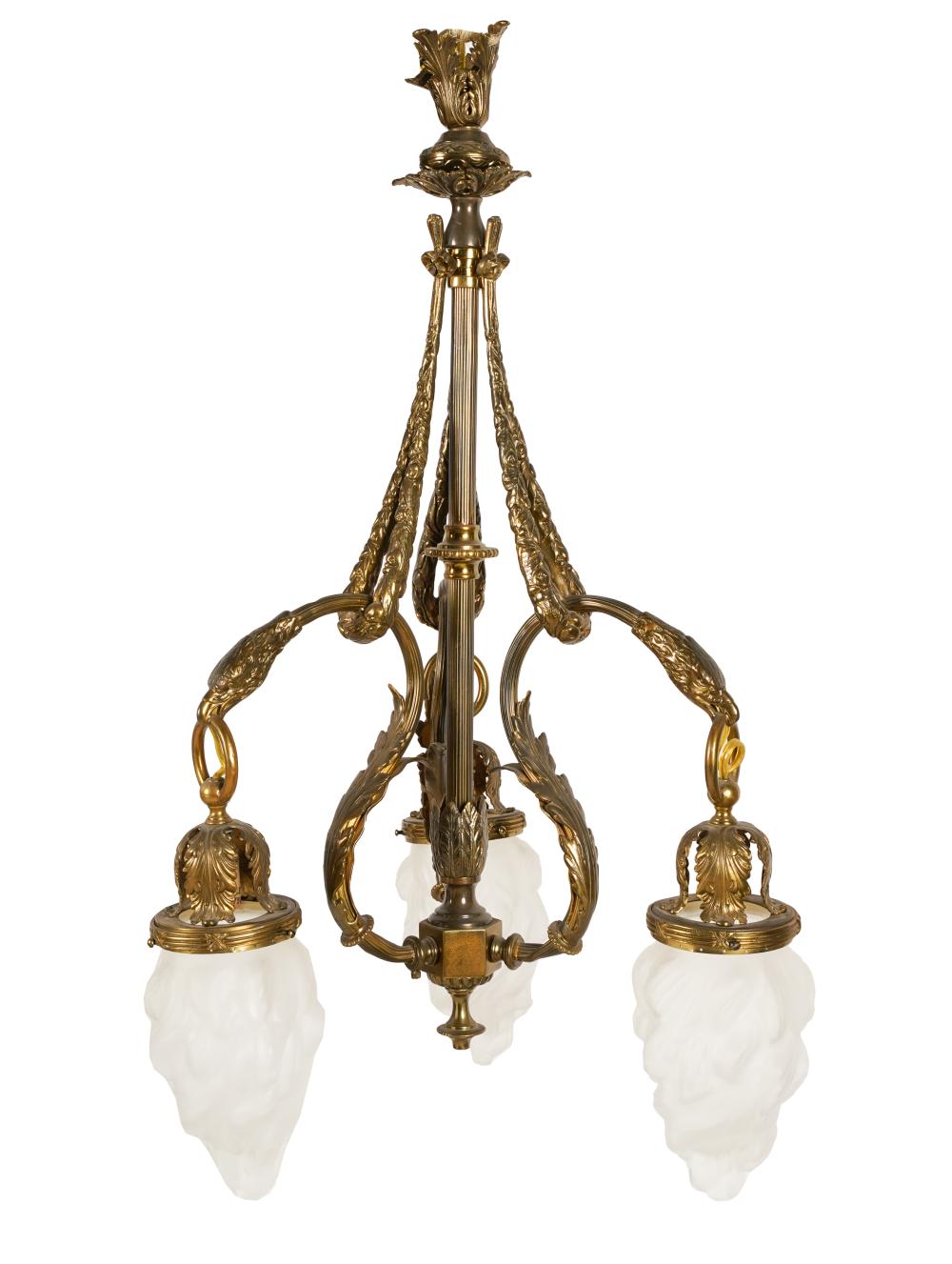 Appraisal: VICTORIAN THREE LIGHT CHANDELIERbrass with frosted glass shades Provenance The