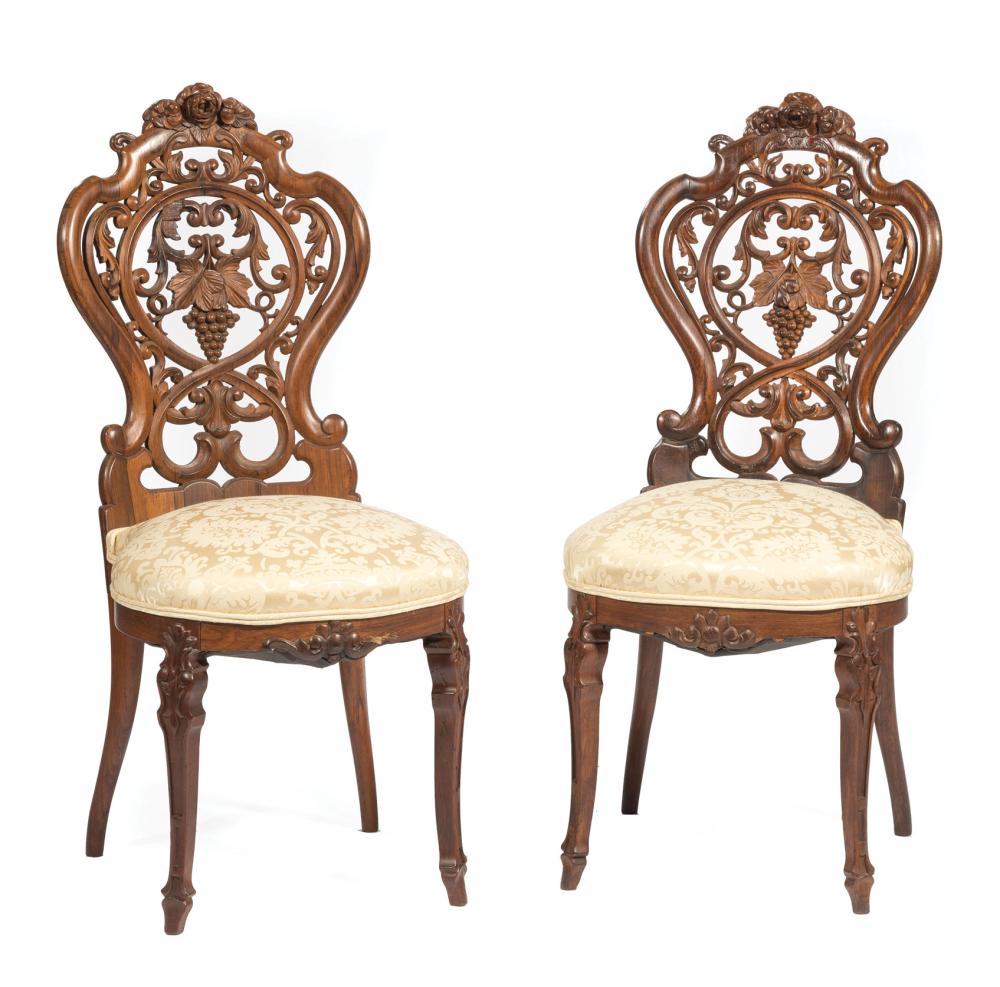 Appraisal: Pair of American Rococo Carved Rosewood Fancy Chairs mid- th