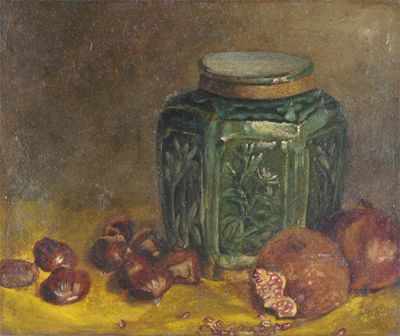 Appraisal: English School c Still life of a green ceramic ginger