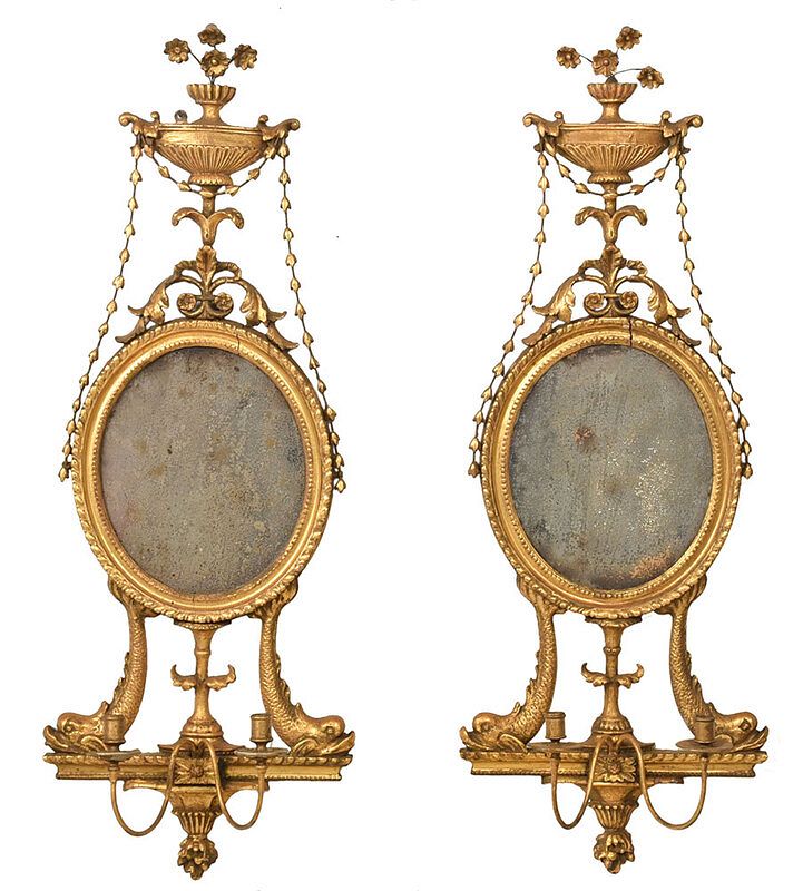 Appraisal: Very Fine Pair Adam Carved Gilt Mirrored Sconces British late