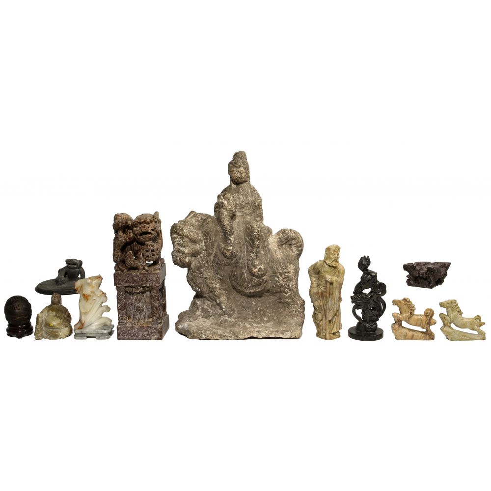 Appraisal: CHINESE STONE CARVING ASSORTMENT items including a limestone bodhisattva Wenshu