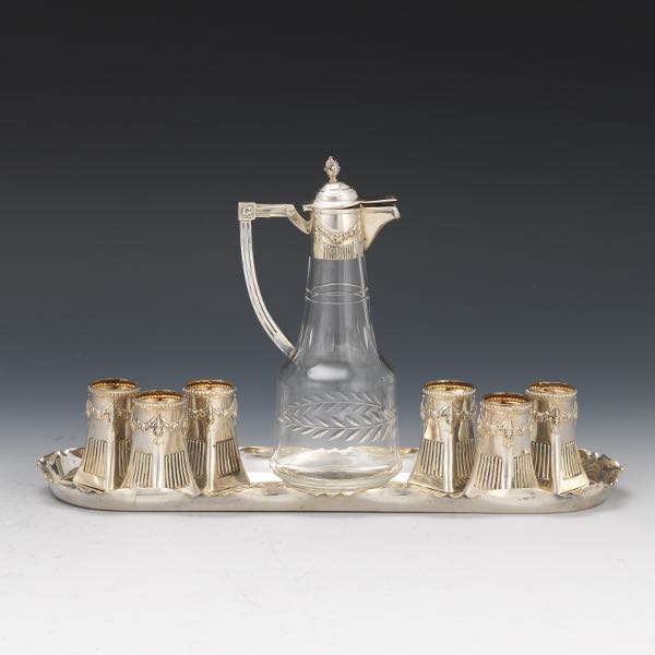 Appraisal: GERMAN LIQUEUR SET silver set including glass decanter with silver