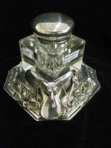 Appraisal: Silverplate Inkwell Fox hunt decor crystal bottle hinged silverplate top