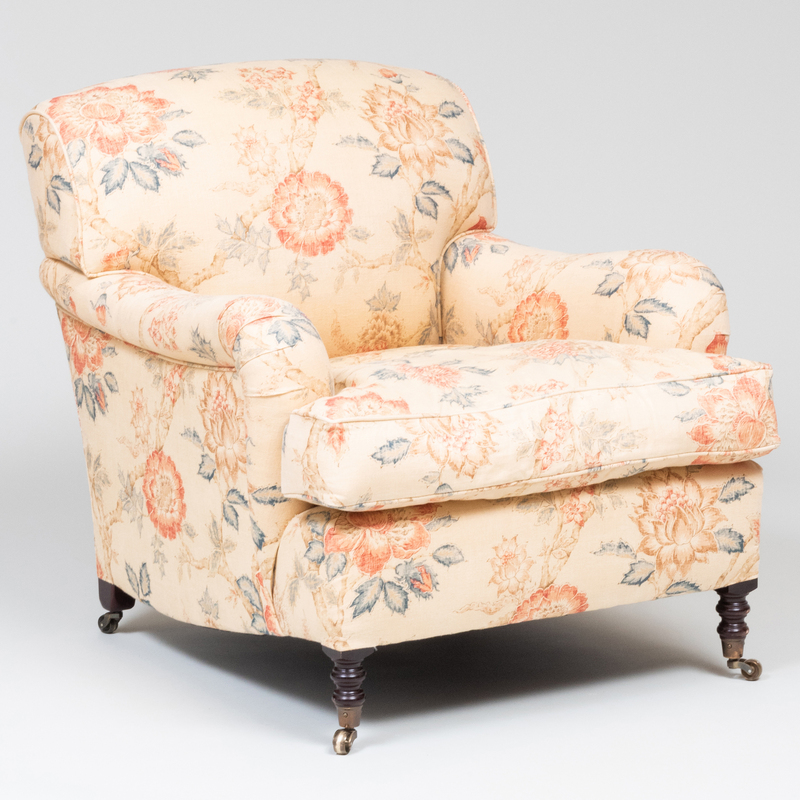 Appraisal: English Linen Upholstered Club Chair George Smith Upholstered in a