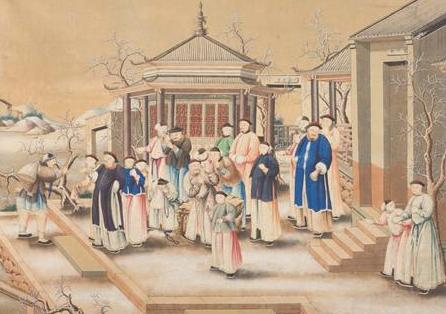 Appraisal: LARGE CHINESE PAINTING OF A TRAVELER PRESENTING GIFTS TO A