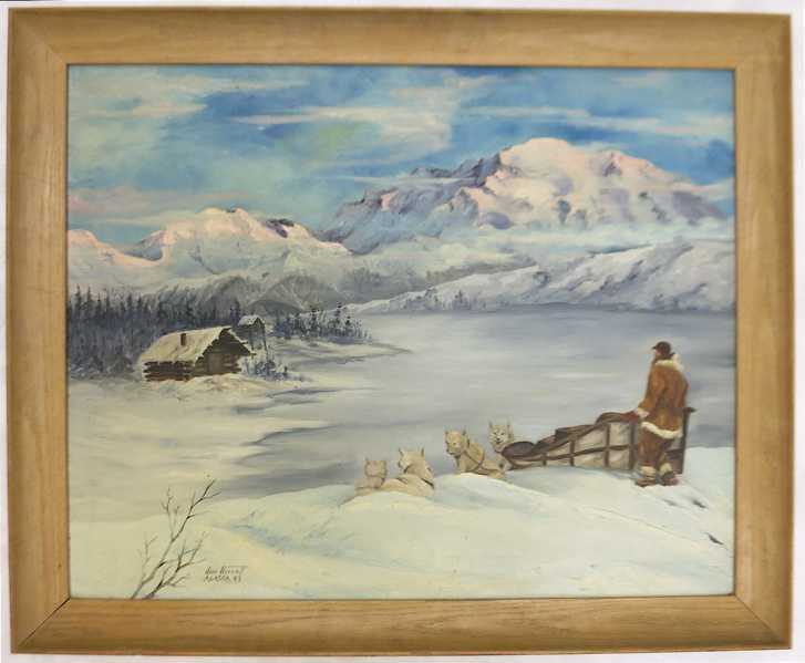 Appraisal: JIM HARRELL OIL ON CANVAS Alaska th century Dog sled