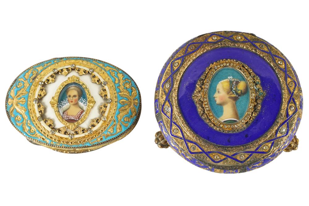 Appraisal: TWO ENAMELED PORTRAIT POWDER BOXESeach with a hinged lid and