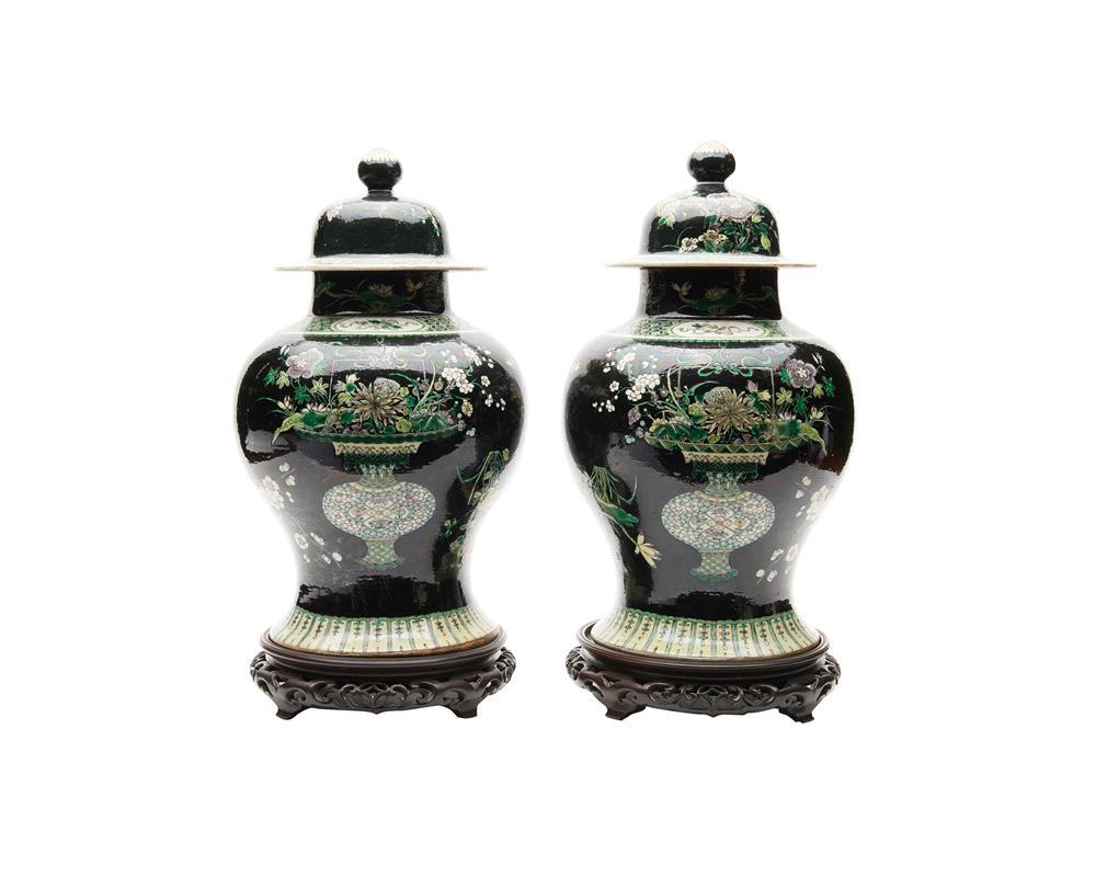 Appraisal: Pair of Chinese Iridescent Famille Noir Covered Baluster Jars on