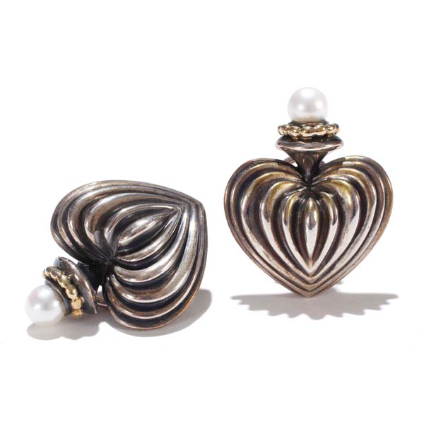 Appraisal: Lagos Sterling Silver Reeded Design Heart Shaped Earrings With Cultured