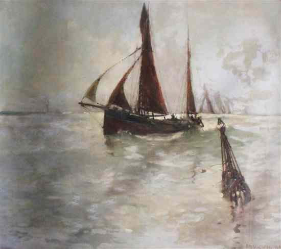 Appraisal: Sir Frank Brangwyn - oil on canvas Fishing boats off