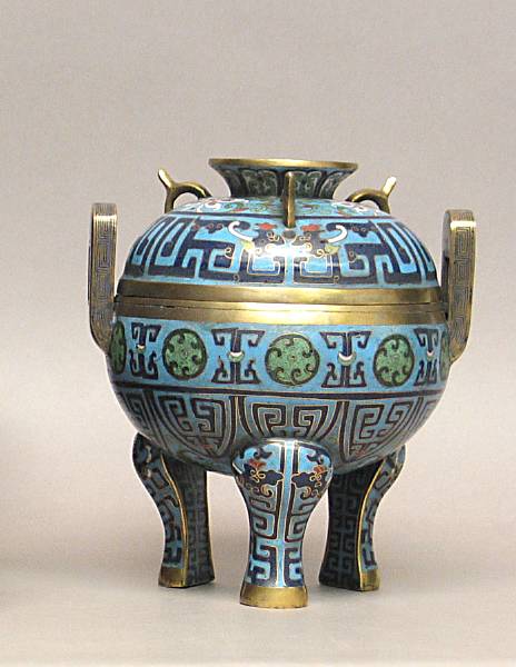 Appraisal: A cloisonn enameled metal covered censer th Century Of archaistic