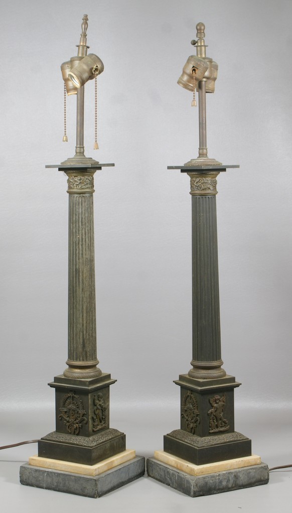 Appraisal: Pr bronze slate and marble French column form table lamps