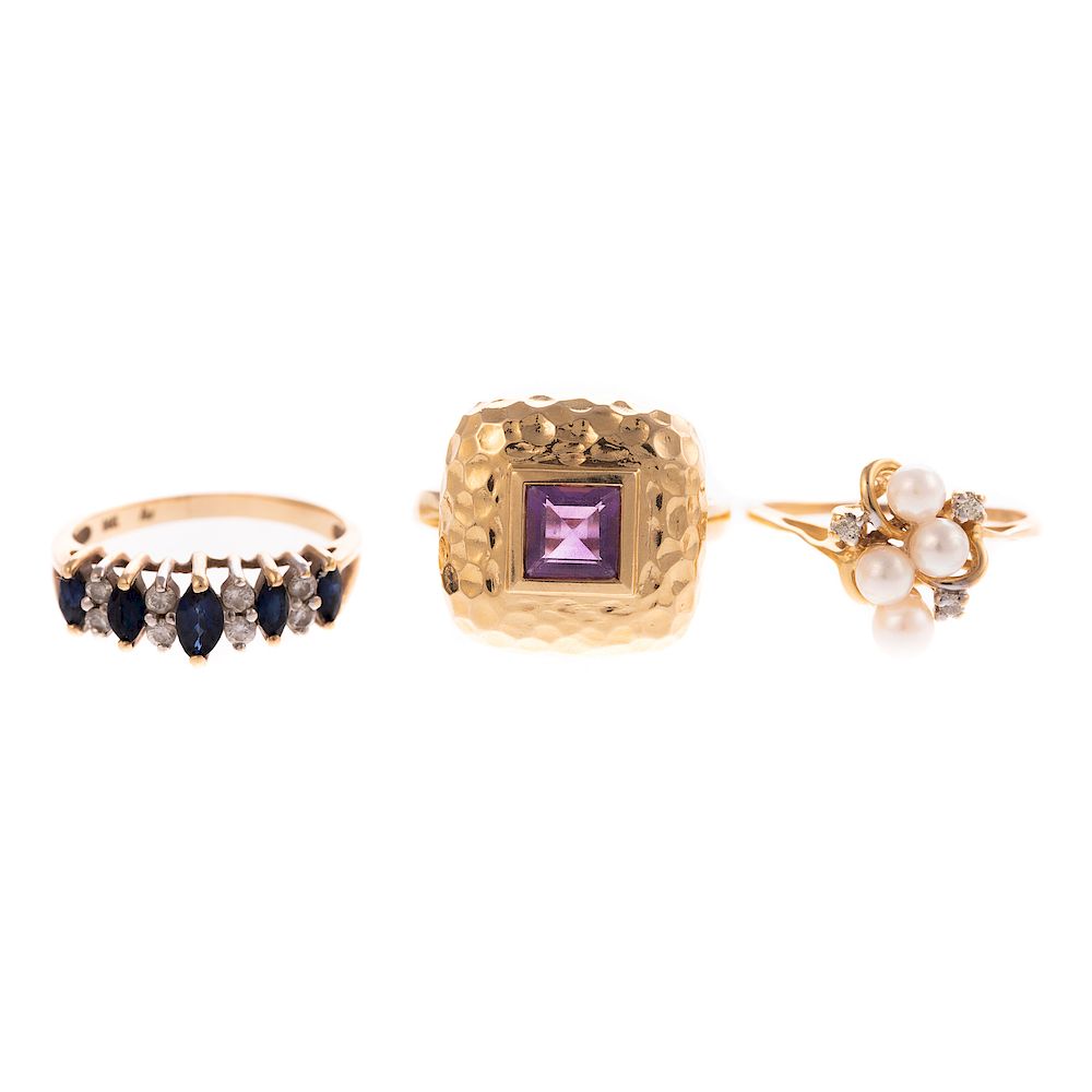 Appraisal: A Trio of Ladies Large Gemstone Rings in K K