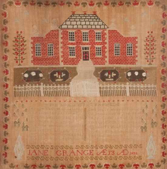 Appraisal: Needlework sampler worked by Jane Grange with house garden and