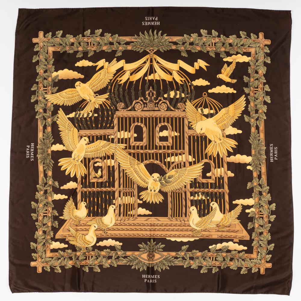 Appraisal: HERMES SILK SCARFdark brown gold and green x inches Condition