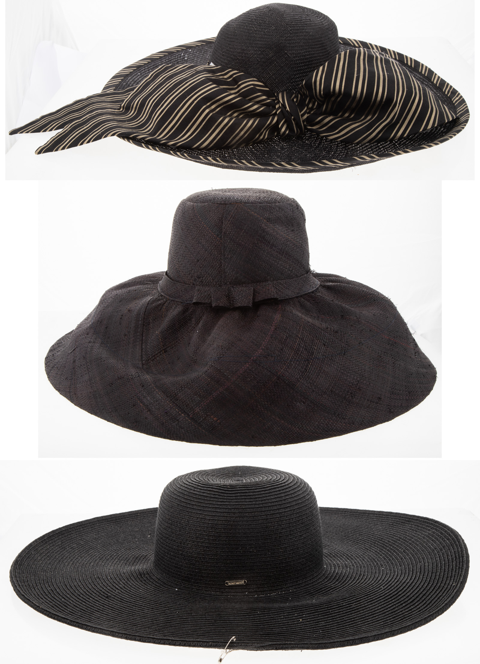 Appraisal: THREE LARGE STRAW WOVEN BLACK SUN HATS One Christine A