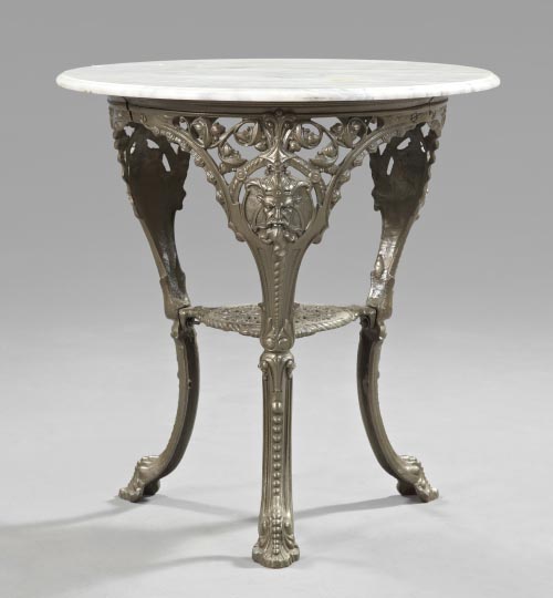 Appraisal: Painted Cast-Iron and Marble-Top Bistro Table the circular carrara marble