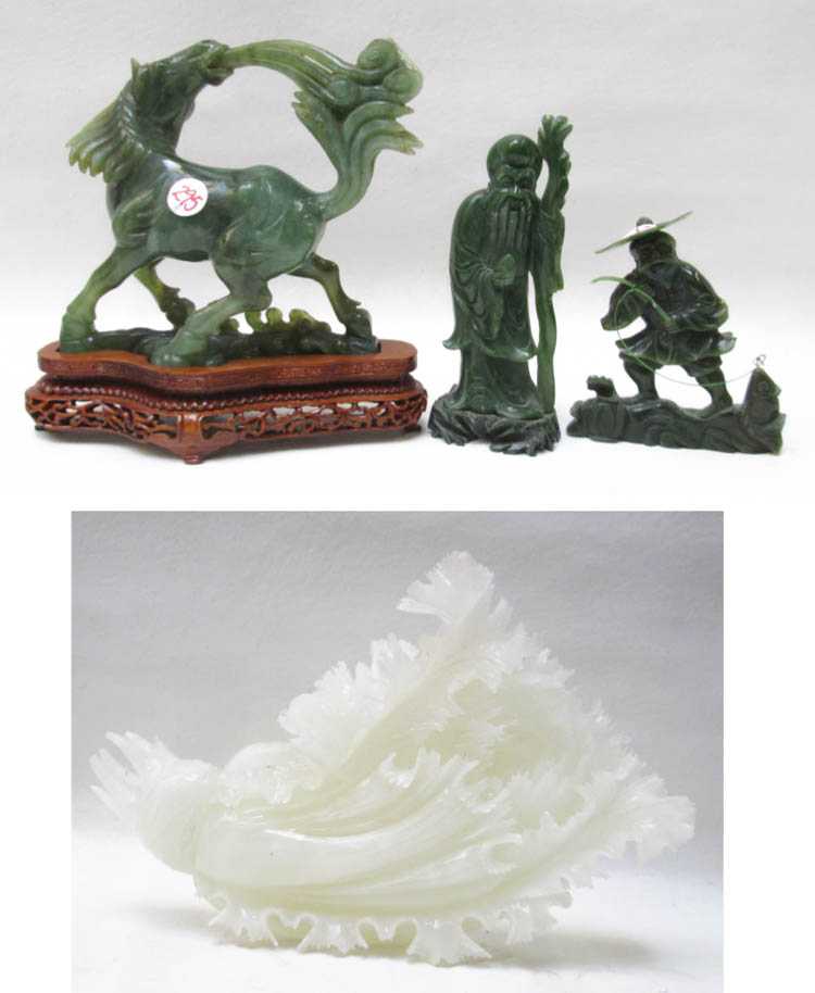 Appraisal: FIVE CHINESE CARVED FIGURINES including a white serpentine flattened cabbage