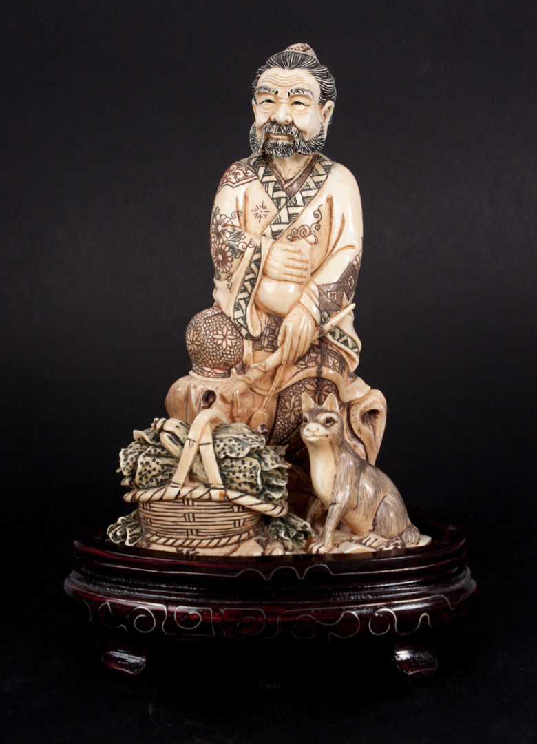 Appraisal: Japanese polychromed ivory vegetable vendor with ink and polychrome highlights