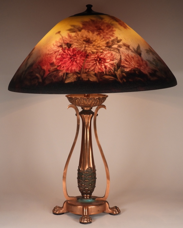 Appraisal: MOE BRIDGES CHIPPED ICE CHRYSANTHEMUM SHADE LAMP United States Early