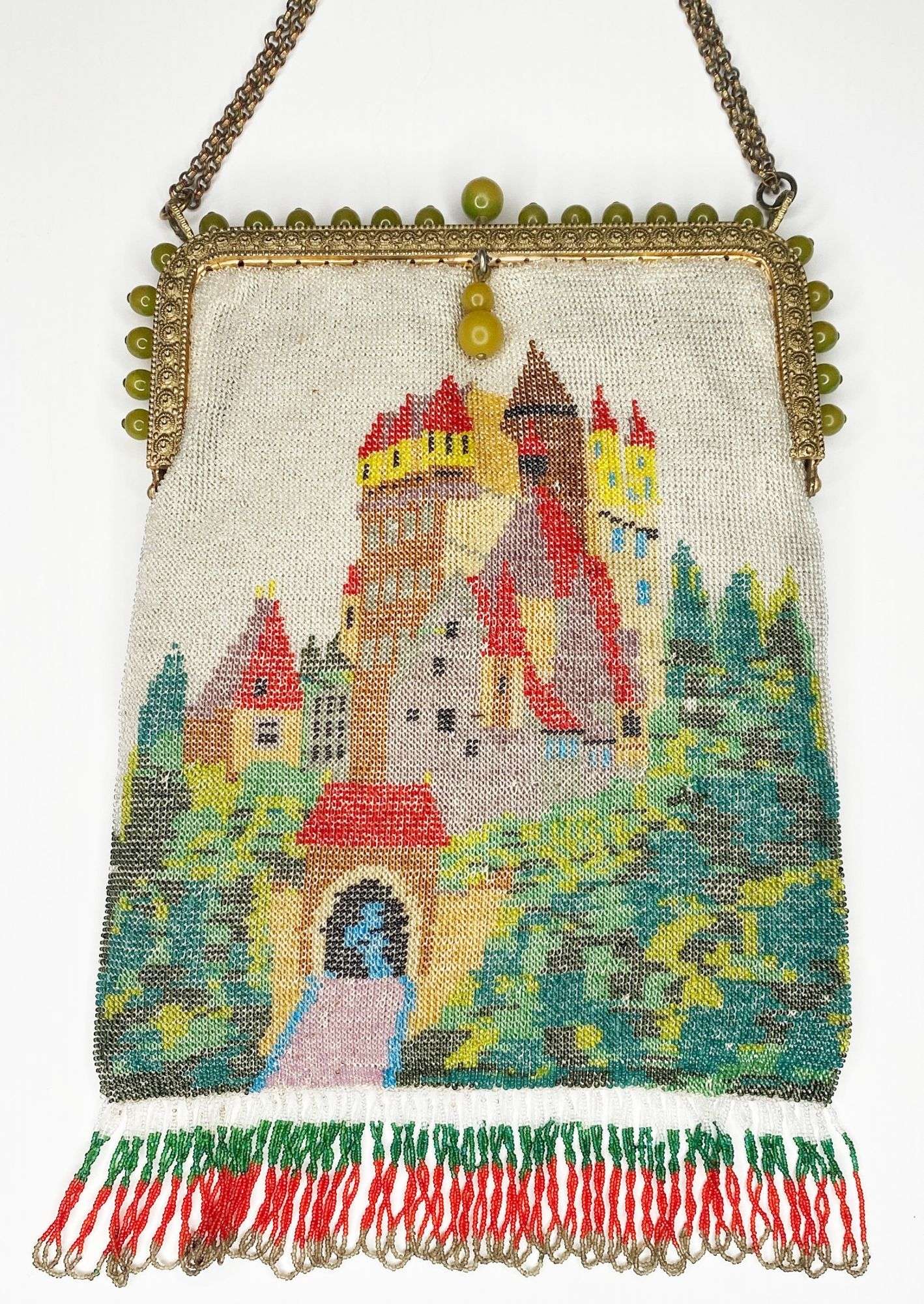 Appraisal: Micro Beaded Castle Scene Hand Bag long including fringe at