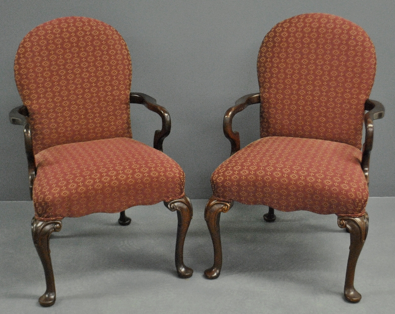 Appraisal: - Pair of Queen Anne style mahogany open armchairs by