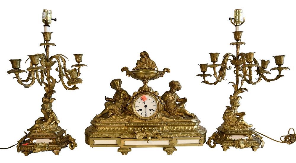 Appraisal: Three Piece Brass Mantle Set to include a clock and