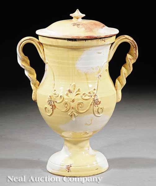 Appraisal: A Large Tuscan Faience Covered Urn pale yellow and cream