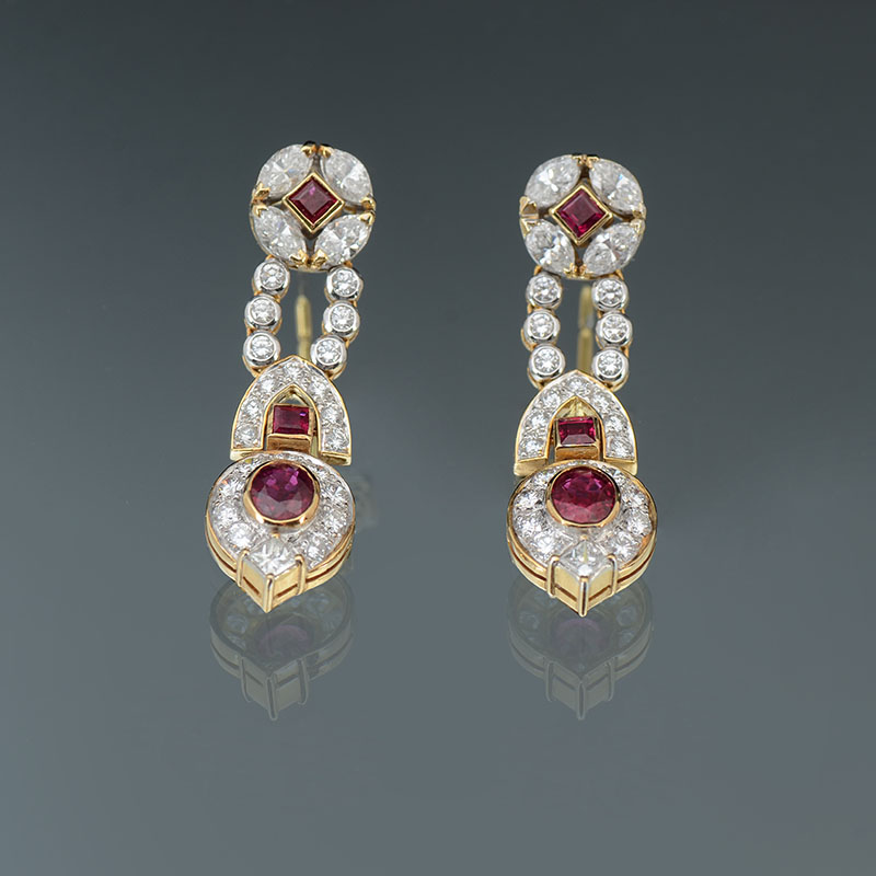 Appraisal: K RUBY DIAMOND DROP EARRINGS K yellow gold earrings contain