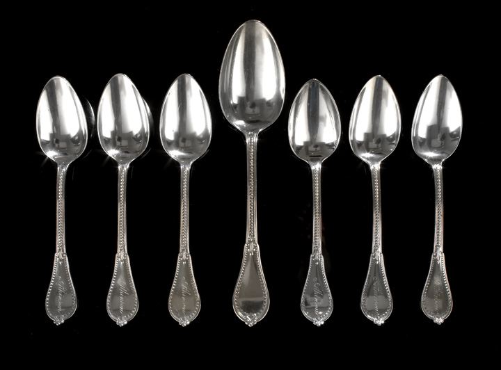 Appraisal: Seven Gorham Beaded -Pattern Coin Silver Spoons the pattern introduced