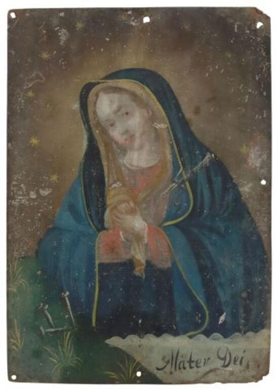 Appraisal: Unframed oil on tin retablo Nuestra Senora de los Dolores