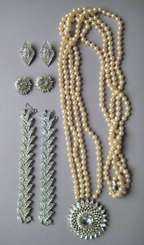 Appraisal: Trifari rhinestone and pearl necklace with matching earrings together with