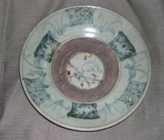 Appraisal: Annamese Blue-Stamped Gray Porcelain Fruit Bowl in flower Basket decor