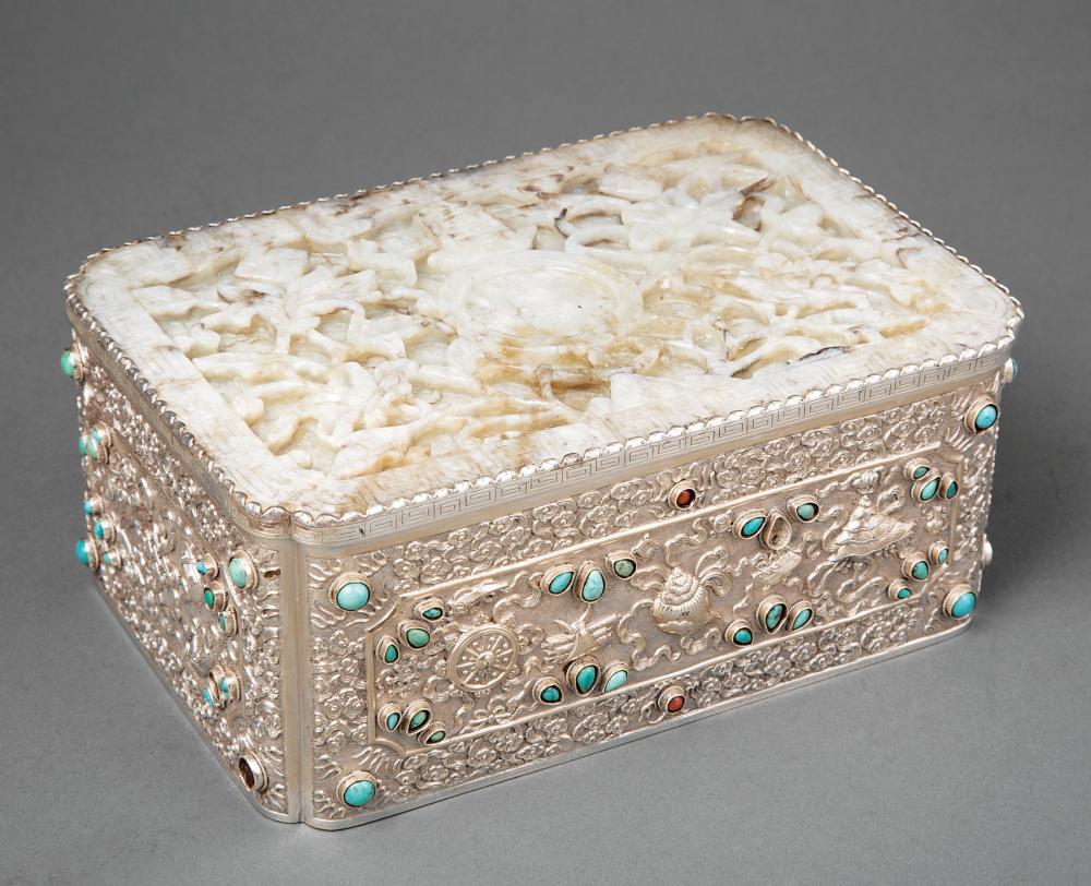 Appraisal: Chinese Jade-Inset and Turquoise and Coral Gem Embellished Silver Box