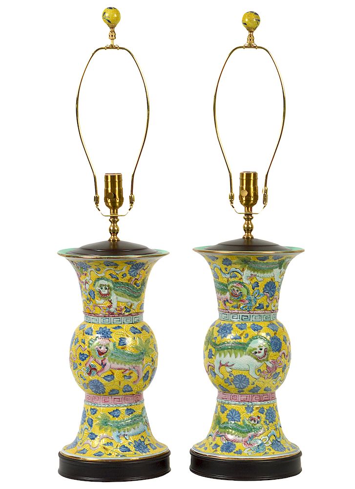 Appraisal: Pr Chinese Porcelain Colorful Table Lamps Pair of Chinese porcelain