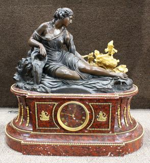 Appraisal: Louis XVI style Deniere patinated bronze and marble figural clock