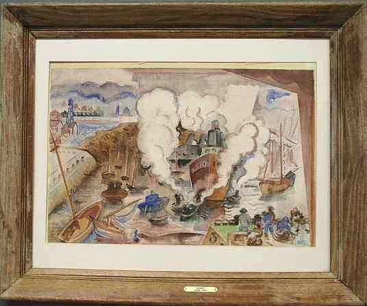 Appraisal: Watercolor painting of boats titled Harbor and signed l r