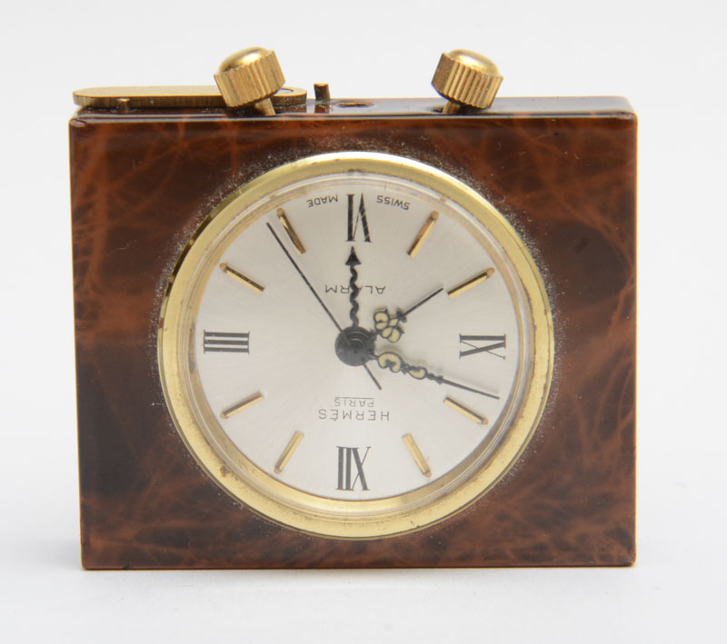 Appraisal: HERMES VERMEIL AND LACQUER MECHANICAL MOVEMENT TRAVELLING ALARM CLOCK The