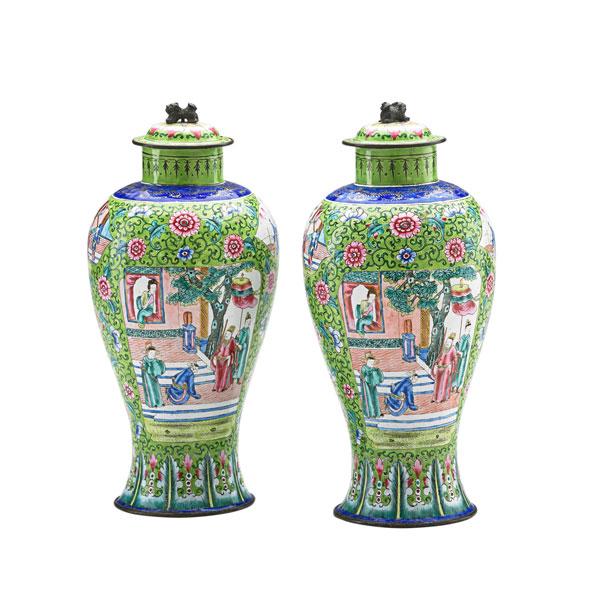 Appraisal: PAIR OF CANTON ENAMELED VASES Depicting narrative figural scenes each