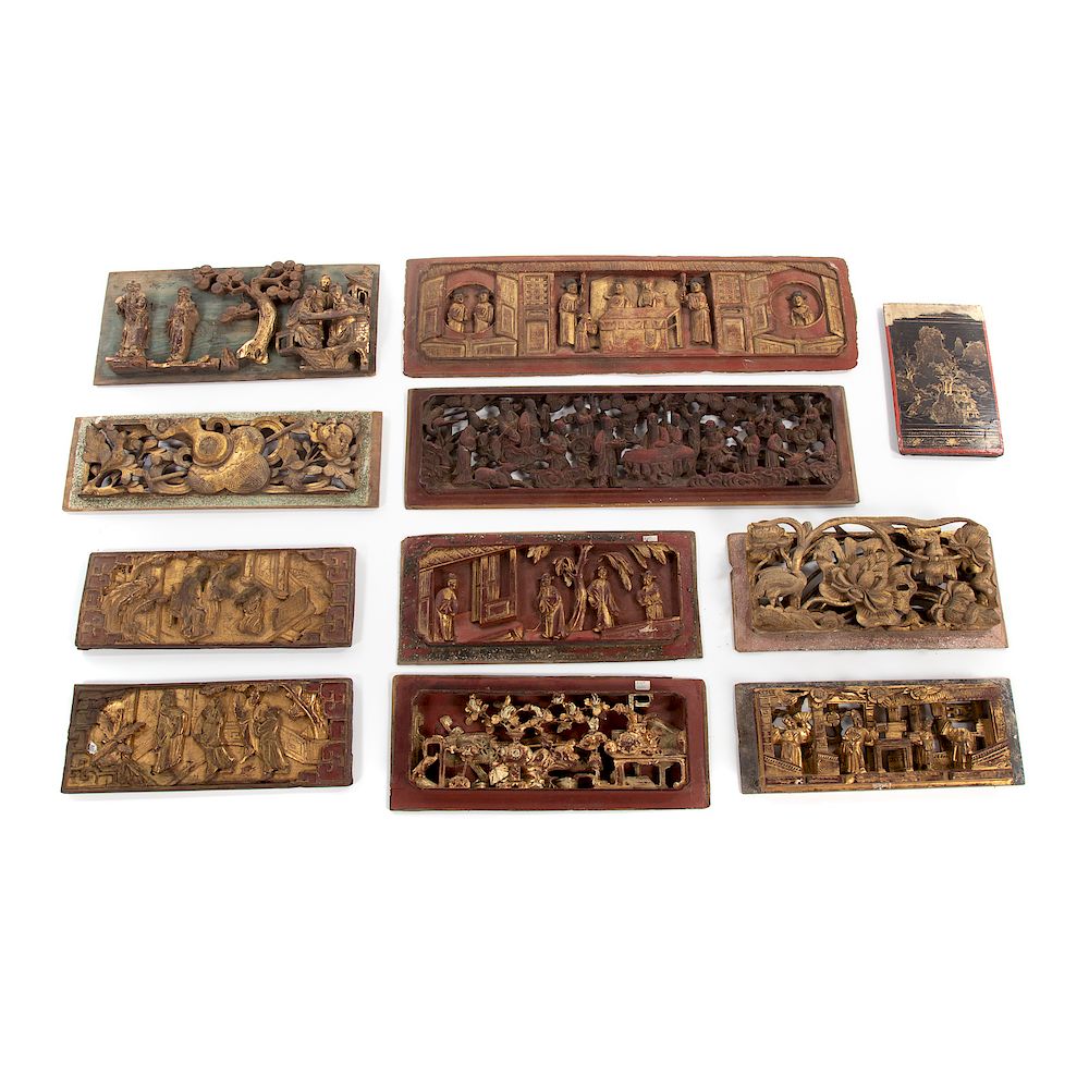 Appraisal: Ten Chinese Carved Wood Plaques th century red lacquer with